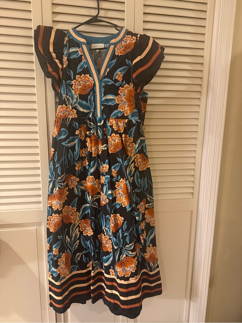 entro Floral Midi Dress with Orange Flowers & Teal Leaves